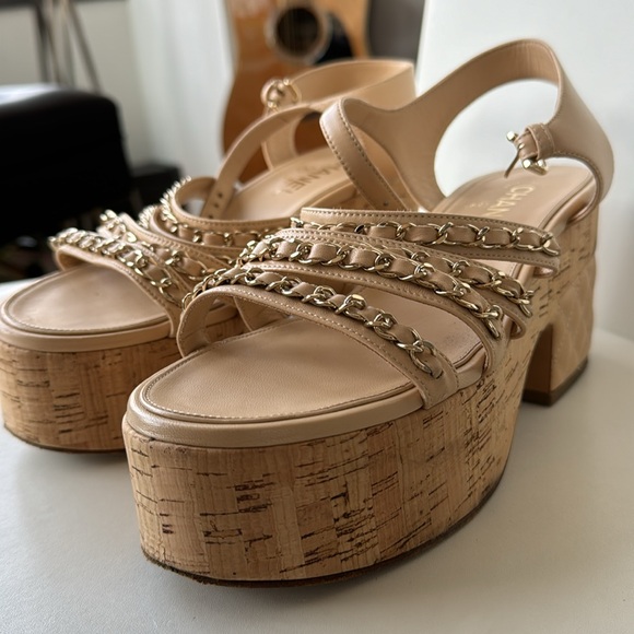 Chanel Beige Leather Chain Detail Ankle Strap Platform Sandals - Picture 4 of 6